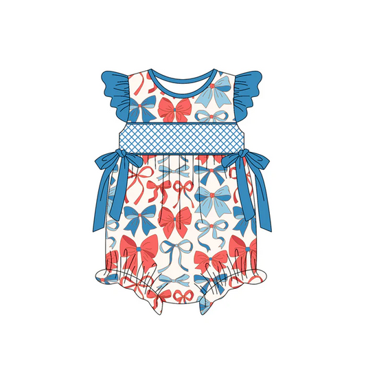 4.23 Preorder moq 5 Baby Girls Flutter Sleeves Blue Red Bows 4th Of July Ruffle Rompers