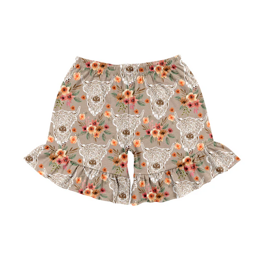 4.23 Preorder moq 5 Baby Girls Highland Cow Flowers Western sports shorts