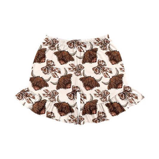 4.23 Preorder moq 5 Baby Girls Highland Cow Bows Western sports shorts