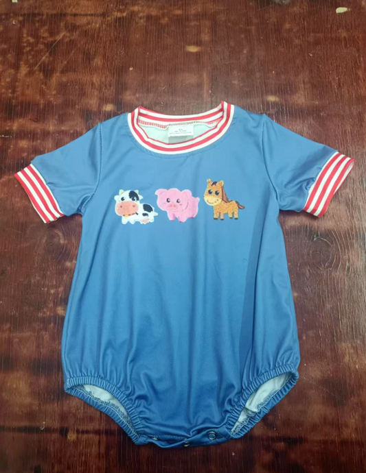 4.23 Preorder moq 5 Baby Boys Blue Short Sleeves Cows Pigs Farm Rompers