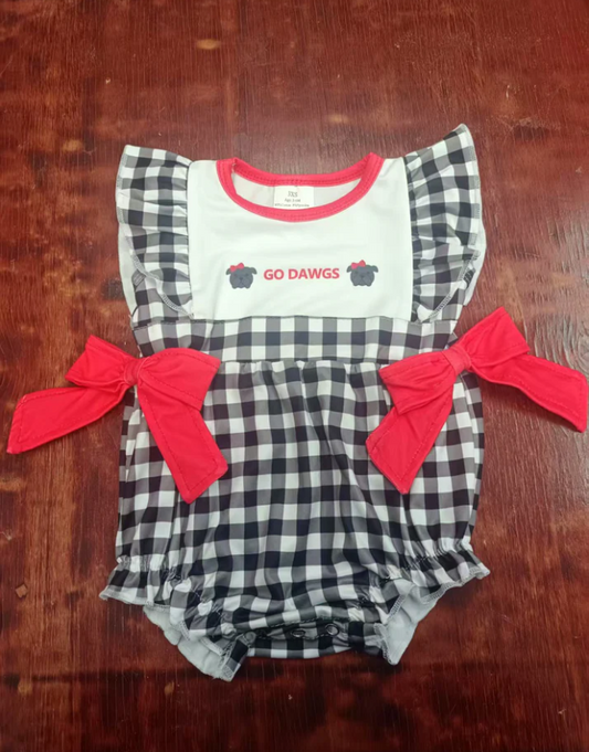 4.23 Preorder moq 5 Baby Girls Black Plaid Go Dawgs Bows Ruffle Rompers