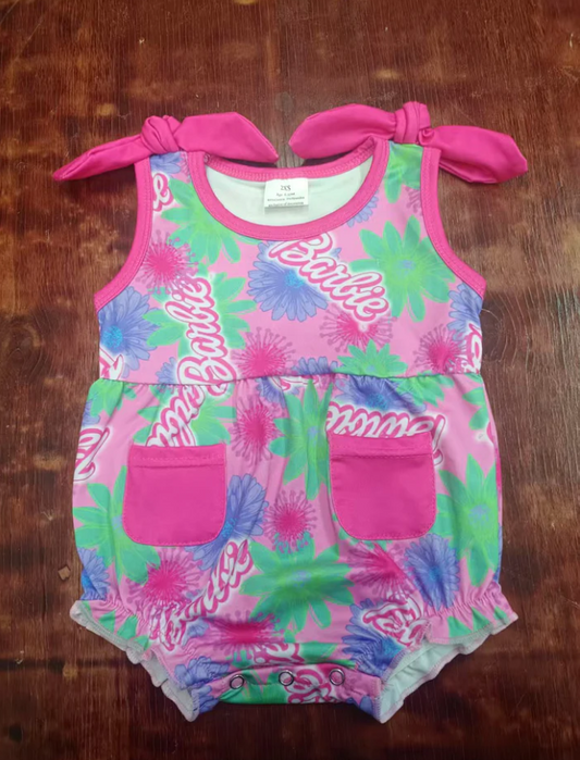 4.23 Preorder moq 5 Baby Girls Pink Strap Cartoon Dolls Flowers Pockets Ruffle Rompers