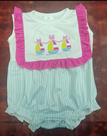 4.23 Preorder moq 5 Baby Girls Sleeveless Boats Aqua Stripe Ruffle Rompers