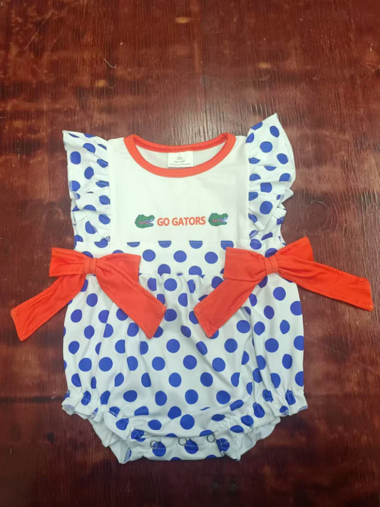 4.23 Preorder moq 5 Baby Girls Flutter Sleeves Blue Polka Dots Go Gators Bows Ruffle Rompers
