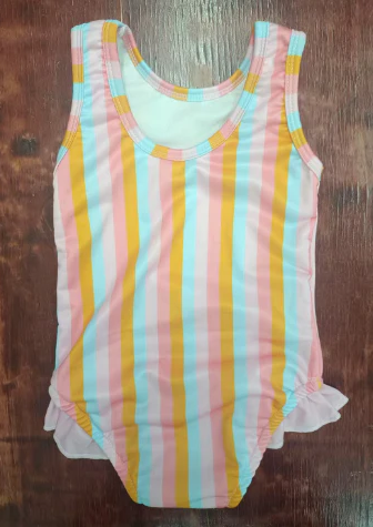 4.23 Preorder moq 5 Baby Girls Sleeveless Colorful Stripe One Piece Ruffle Swimsuits