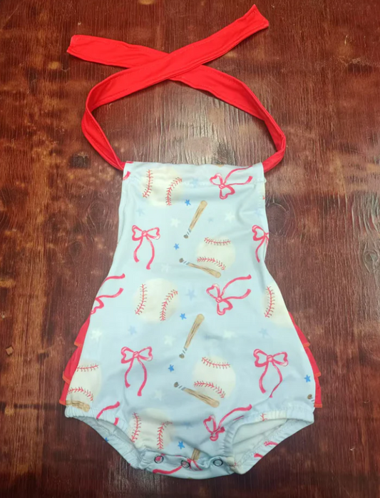 4.23 Preorder moq 5 Baby Girls Red Strap Bows Baseball Bubble Ruffle Rompers