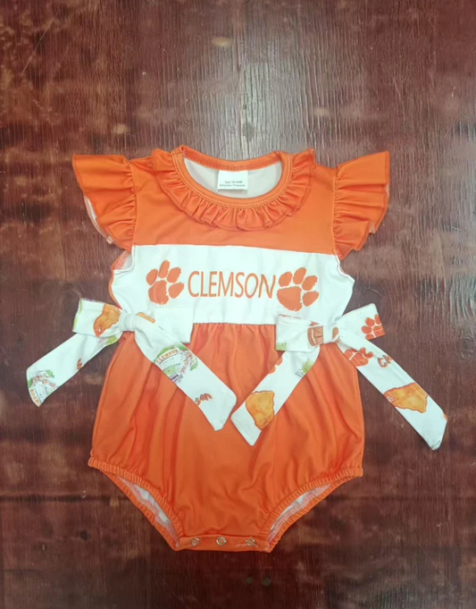 4.23 Preorder moq 5 Baby Girls Orange Flutter Sleeves Clemson Bows Ruffle Rompers