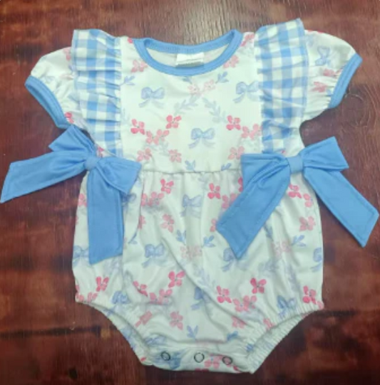 4.23 Preorder moq 5 Baby Girls Blue Short Ruffle Sleeves Bows Floral Ruffle Rompers