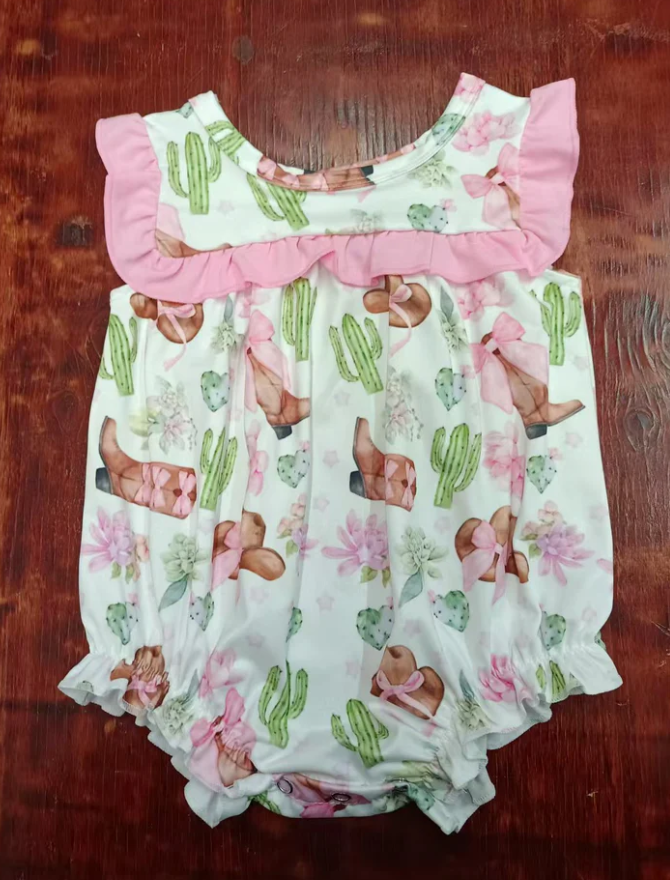 4.23 Preorder moq 5 Baby Girls Pink Sleeveless Boots Cactus Ruffle Rompers