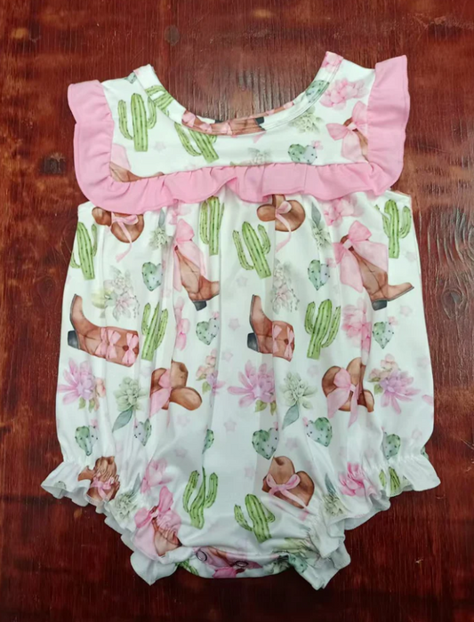 4.23 Preorder moq 5 Baby Girls Pink Sleeveless Boots Cactus Ruffle Rompers