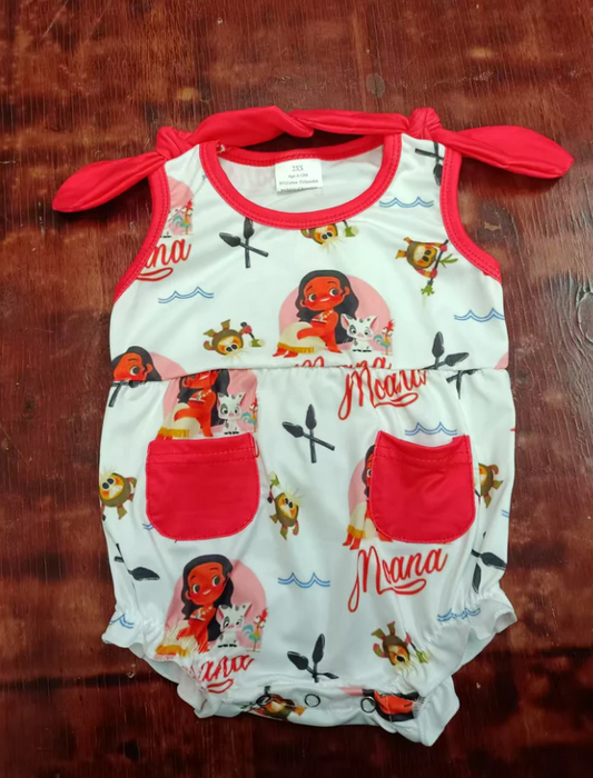 4.23 Preorder moq 5 Baby Girls Red Strap Cartoon Moana Pockets Ruffle Rompers