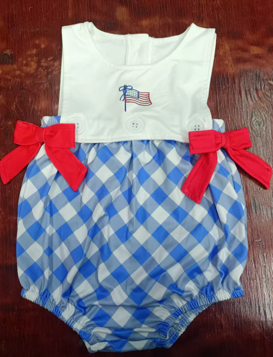 4.23 Preorder moq 5 Baby Girls Sleeveless Blue Plaid Flag 4th Of July Ruffle Rompers