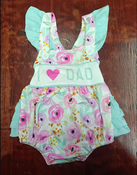4.23 Preorder moq 5 Baby Girls Aqua Flutter Sleeves I Love Dad Flowers Ruffle Rompers