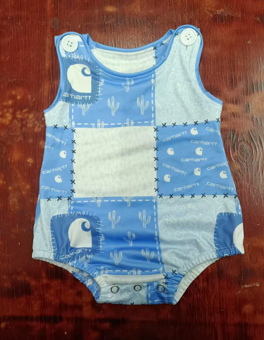4.23 Preorder moq 5 Baby Boys Sleeveless Blue Plaid Cactus Floral Rompers