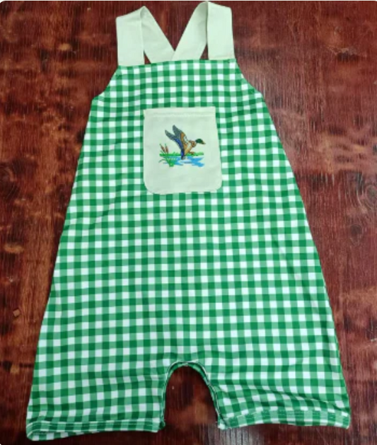 4.23 Preorder moq 5 Baby Boys Strap Green Plaid Duck Rompers