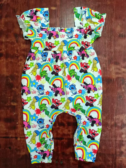 4.23 Preorder moq 5 Baby Girls Short Ruffle Sleeves Cartoon Rainbows Pant Rompers