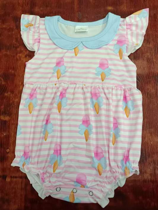 4.23 Preorder moq 5 Baby Girls Flutter Sleeves Pink Stripe Ice Cream Ruffle Rompers