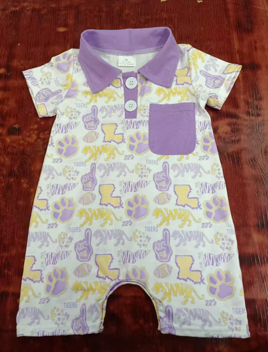 4.23 Preorder moq 5 Baby Boys Short Sleeves Button Pocket Lavender Footballs Pawl Rompers