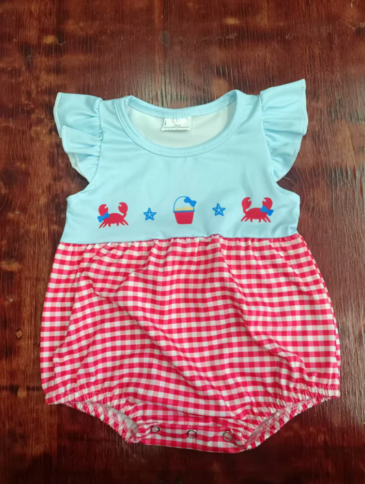 4.23 Preorder moq 5 Baby Girls Blue Flutter Sleeves Red Plaid Crabs Beach Ruffle Rompers