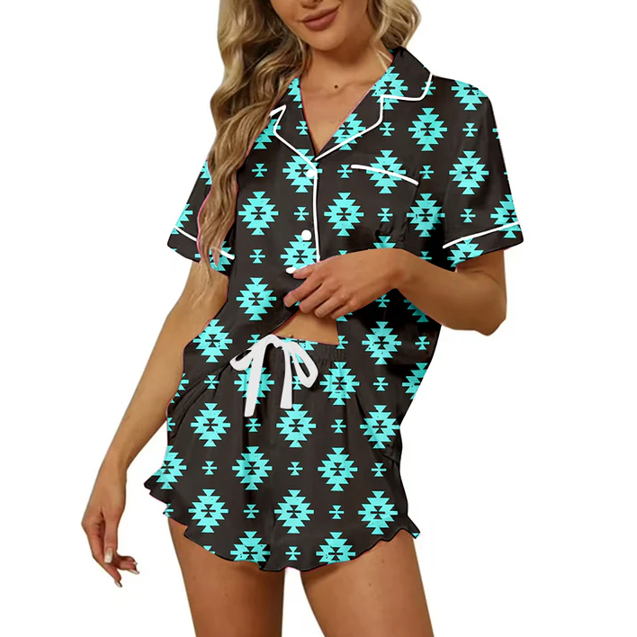 4.24 Preorder moq 5 Adult Women Western Aztec Button Pocket Top Short Pajamas