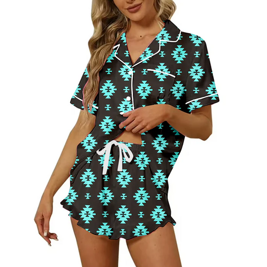 4.24 Preorder moq 5 Adult Women Western Aztec Button Pocket Top Short Pajamas