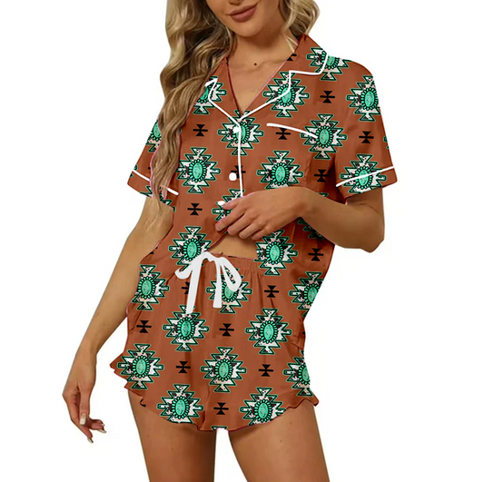 4.24 Preorder moq 5 Adult Women Western Brown Turquoise Button Pocket Top Short Pajamas
