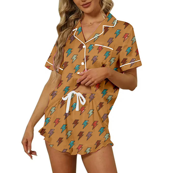 4.24 Preorder moq 5 Adult Women Western Lightening Button Pocket Top Short Pajamas
