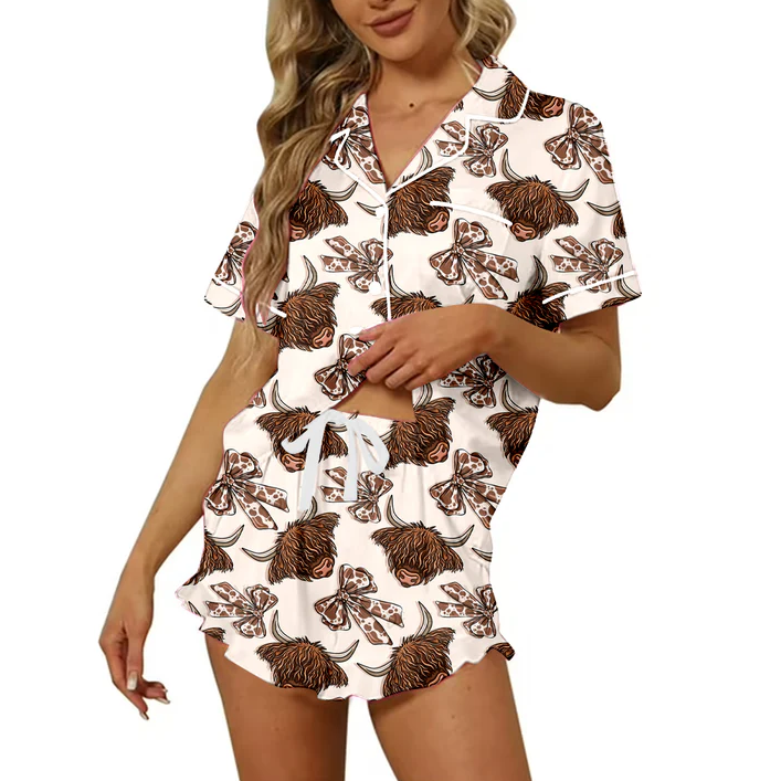 4.24 Preorder moq 5 Adult Women Western Highland Cow Bows Button Pocket Top Short Pajamas