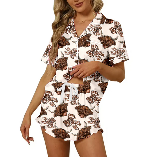4.24 Preorder moq 5 Adult Women Western Highland Cow Bows Button Pocket Top Short Pajamas