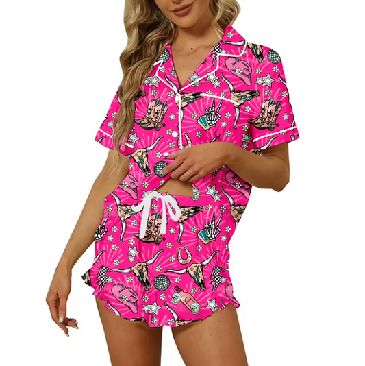 4.24 Preorder moq 5 Adult Women Western Pink Cow Button Pocket Top Short Pajamas