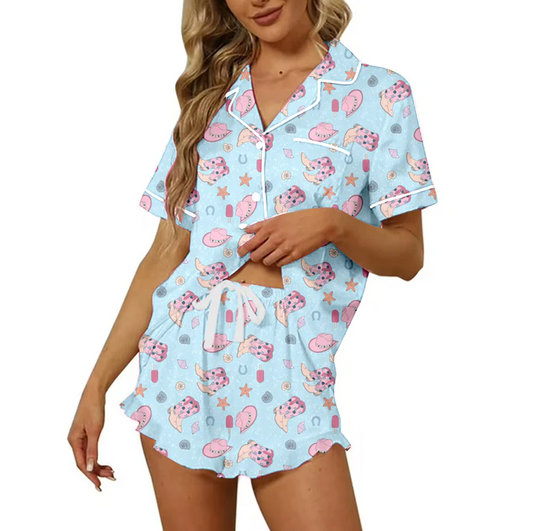 4.24 Preorder moq 5 Adult Women Western Blue Boots Button Pocket Top Short Pajamas