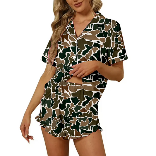 4.24 Preorder moq 5 Adult Women Brown Camouflage Button Pocket Top Short Pajamas