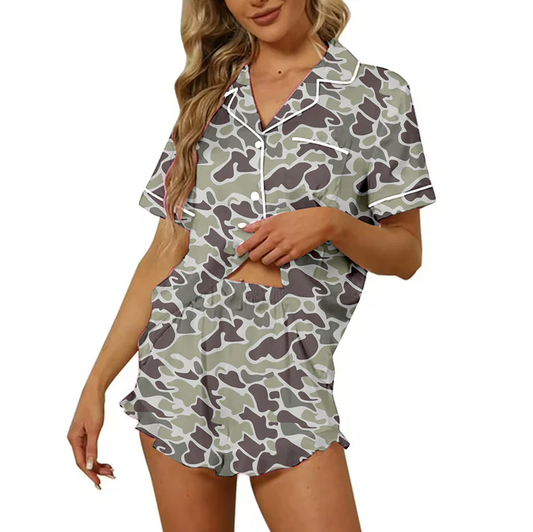 4.24 Preorder moq 5 Adult Women Light Green Camouflage Button Pocket Top Short Pajamas