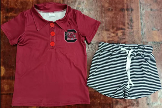 4.24 Preorder moq 5 Baby Boys Dark Red Short Sleeves Button C Top Black Stripe Shorts Set