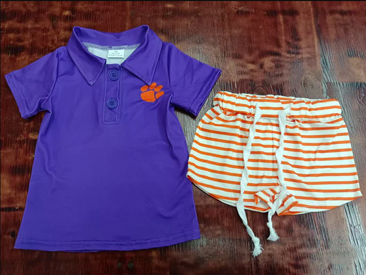 4.24 Preorder moq 5 Baby Boys Purple Short Sleeves Button Pawl Top Orange Stripe Shorts Set