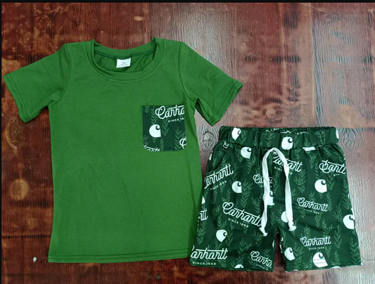 4.24 Preorder moq 5 Baby Boys Dark Green Short Sleeves Pocket Top Eanhantt Shorts Set