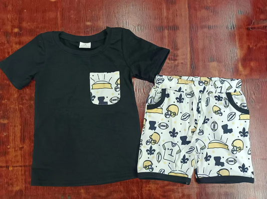 4.24 Preorder moq 5 Baby Boys Black Short Sleeves Pocket Top Footballs Hats Shorts Set