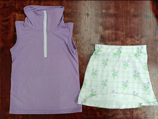 4.24 Preorder moq 5 Baby Girls Lavender Sleeveless Zipper Vest Top Flowers Skirts Set