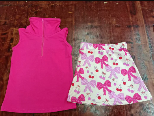 4.24 Preorder moq 5 Baby Girls Hot Pink Sleeveless Zipper Vest Top Bows Skirts Set