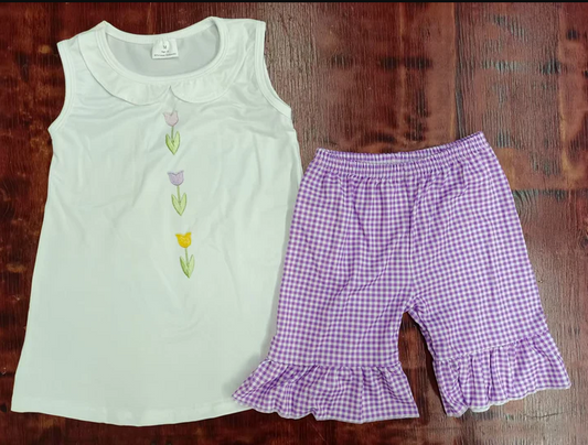 4.24 Preorder moq 5 Baby Girls Sleeveless Flowers Tunic Purple Plaid Ruffle Shorts Set