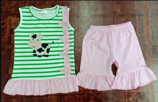 4.24 Preorder moq 5 Baby Girls Sleeveless Cows Button Tunic Ruffle Shorts Set