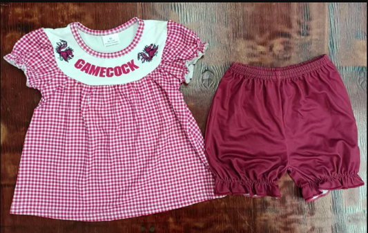 4.24 Preorder moq 5 Baby Girls Red Plaid Short Ruffle Sleeves Gamecock Tunic Ruffle Shorts Set