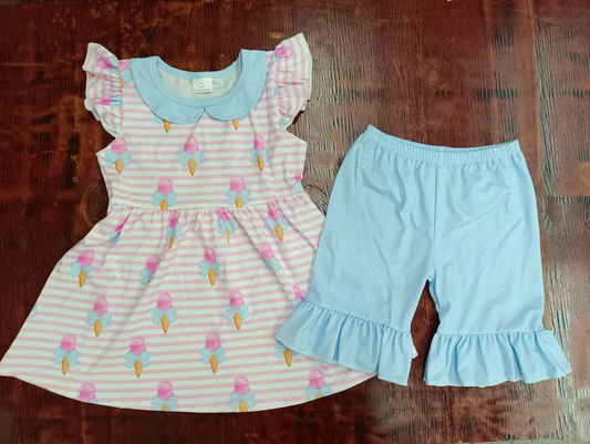 4.24 Preorder moq 5 Baby Girls Pink Stripe Flutter Sleeves Ice Cream Tunic Blue Ruffle Shorts Set