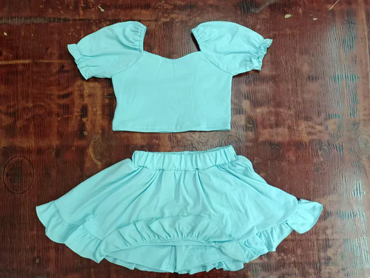 4.24 Preorder moq 5 Baby Girls Blue Short Ruffle Sleeves Top Ruffle Skorts Set