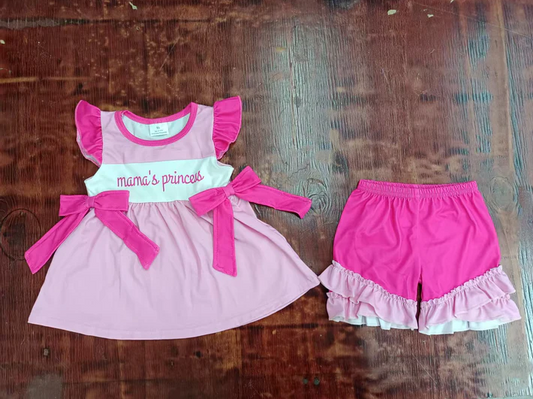 4.24 Preorder moq 5 Baby Girls Pink Flutter Sleeves Mama's Princess Bows Tunic Ruffle Shorts Set