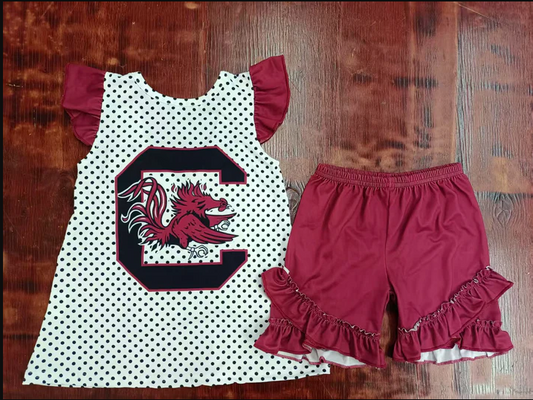 4.24 Preorder moq 5 Baby Girls Dark Red Flutter Sleeves C Polka Dots Tunic Ruffle Shorts Set