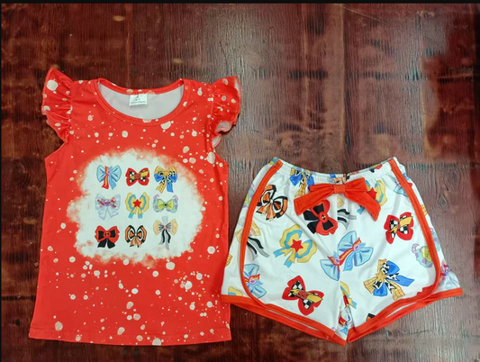 4.24 Preorder moq 5 Baby Girls Orange Flutter Sleeves Colorful Bows Top Shorts Set