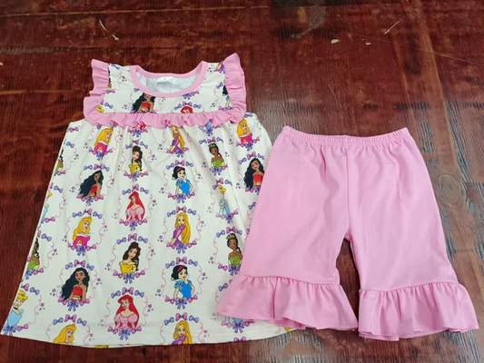 4.24 Preorder moq 5 Baby Girls Pink Sleeveless Princess Plaid Tunic Ruffle Shorts Set