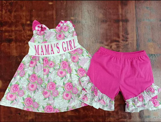 4.24 Preorder moq 5 Baby Girls Pink Strap MAMA'S GIRL Flowers Tunic Ruffle Shorts Set