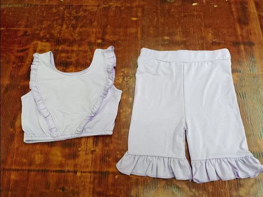 4.24 Preorder moq 5 Baby Girls Lavender Sleeveless Ruffle Vest Top Mite Shorts Set
